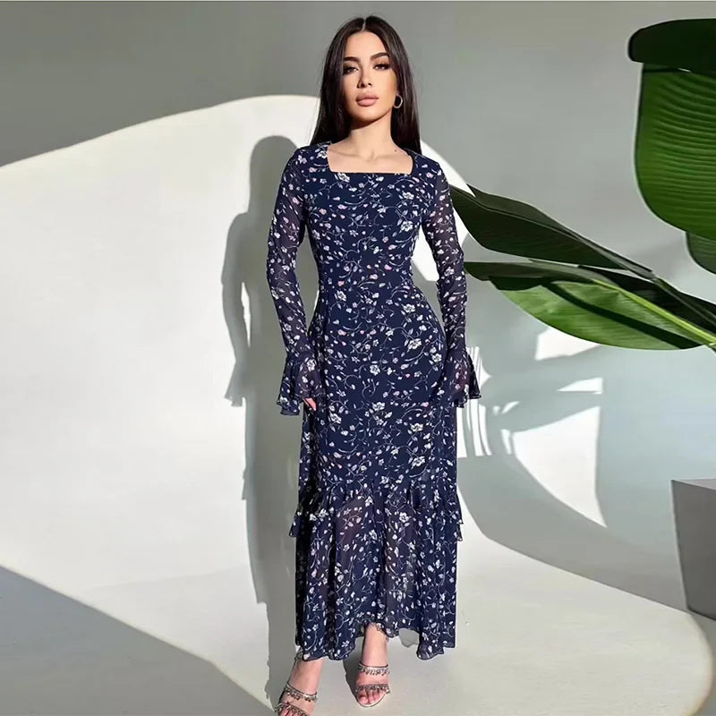 Elegant Printed Chiffon Maxi Dress With Lotus Sleeve Details