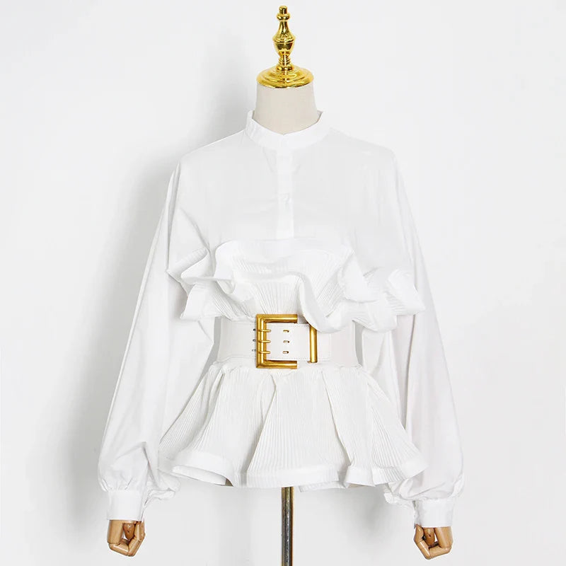 Solid Patchwork Belt Minimalist Women's Shirt Stand Collar Long Sleeve Tunic Spliced Ruffle Casual Blouse