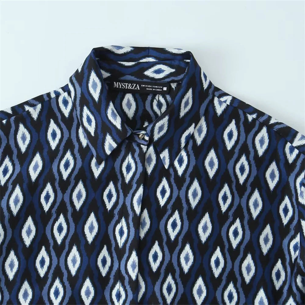 Women's Geometric Pattern Printed Shirt and Pants Set with Long Sleeve Top and Stylish Trousers