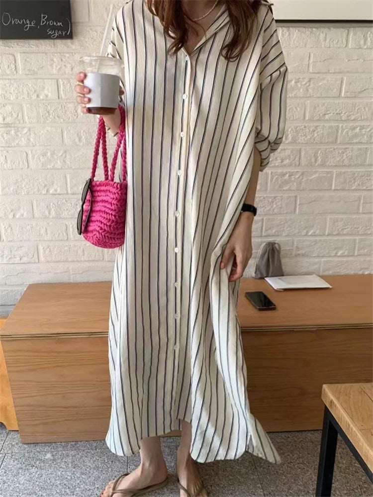 Striped Shirt Dress For Women Vintage Single Breasted