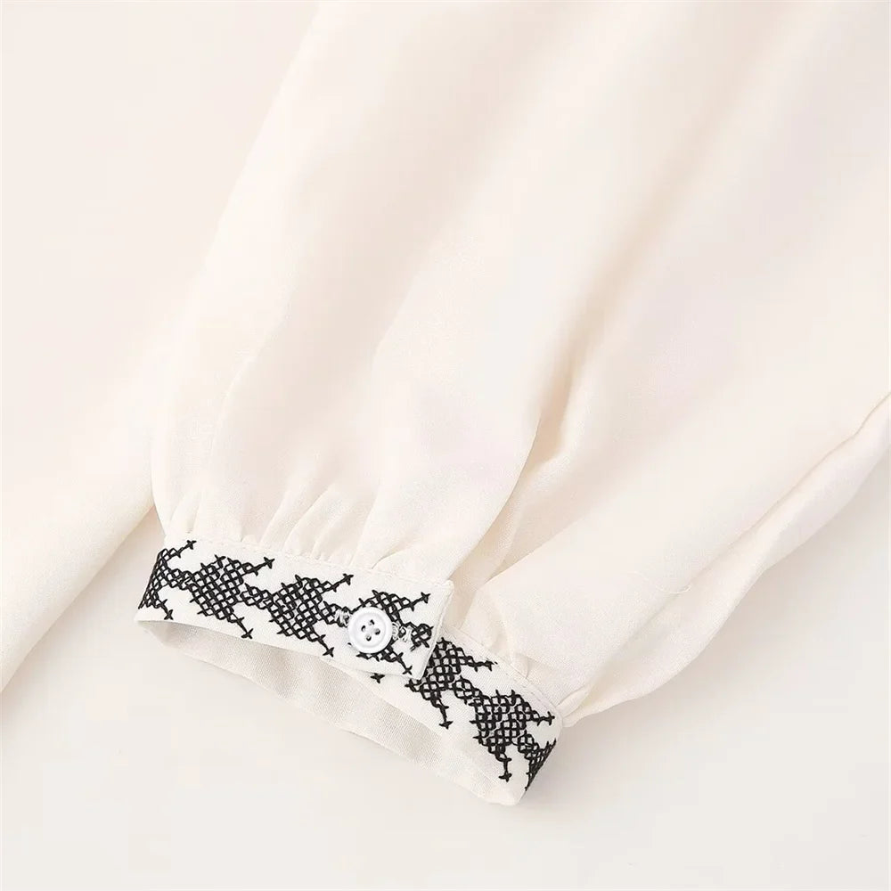 Loose Fit White Embroidered Cover Up Shirt Top for Women with Stylish Contrast Detailing and Versatile Casual Design