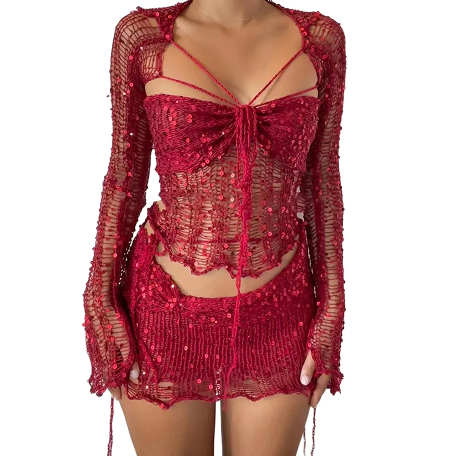 Women Knitted Sequined 3 Piece Skirt Set with Halter Bra Top Cardigan Mini Skirt Hollow Out Navel Exposed Summer Clubwear Dress