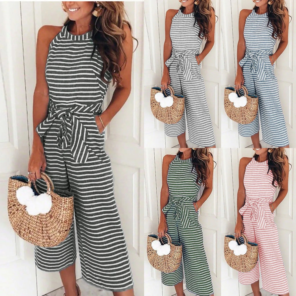 Elegant Sleeveless Striped Jumpsuit for Women Wide Leg Belted Romper Loose Fit Overalls Trousers
