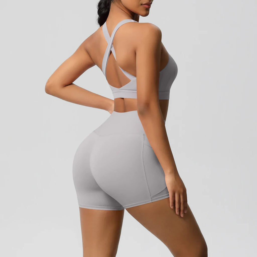 2PCS Pocketed Yoga Set for Women with Crossover Bra and Gym Leggings Workout Tracksuit Sports Shorts Activewear