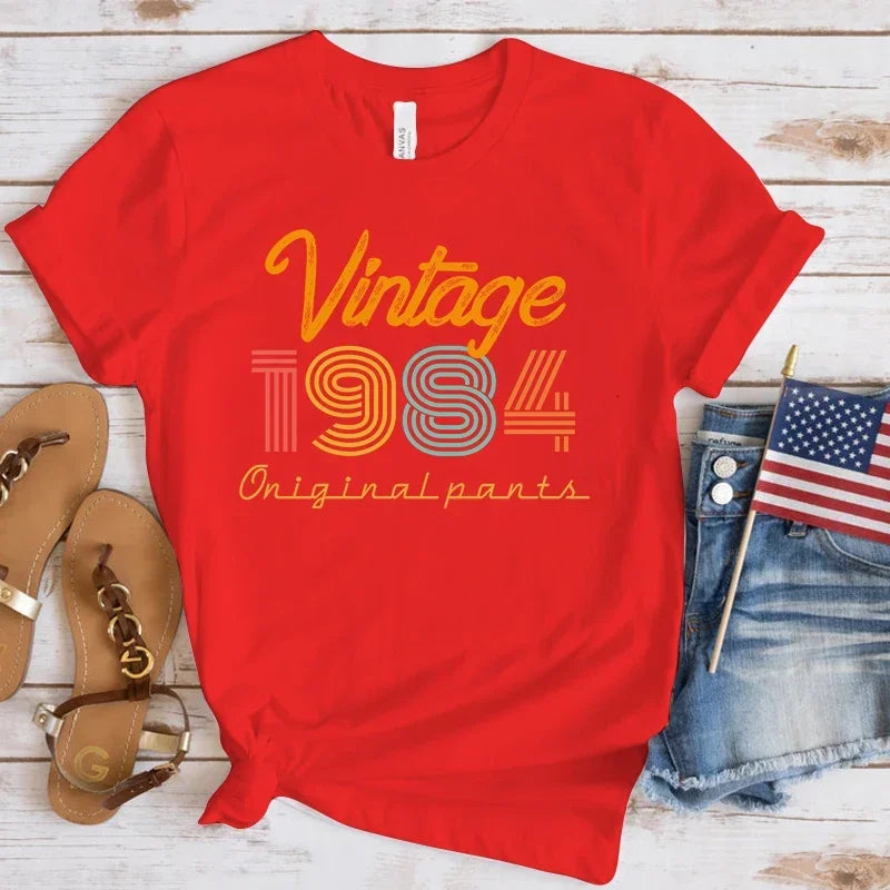 New Vintage 1984 Print T-Shirt for Women Casual Round Neck Summer Tee Loose Fit Short Sleeve