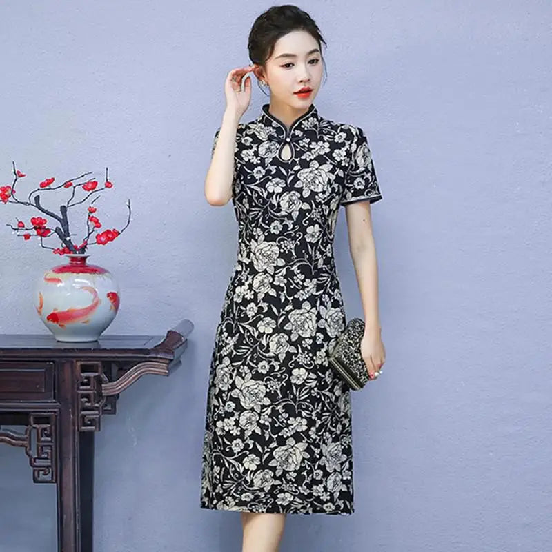 Floral A-Line Summer Dress For Women Short Sleeve Elegant
