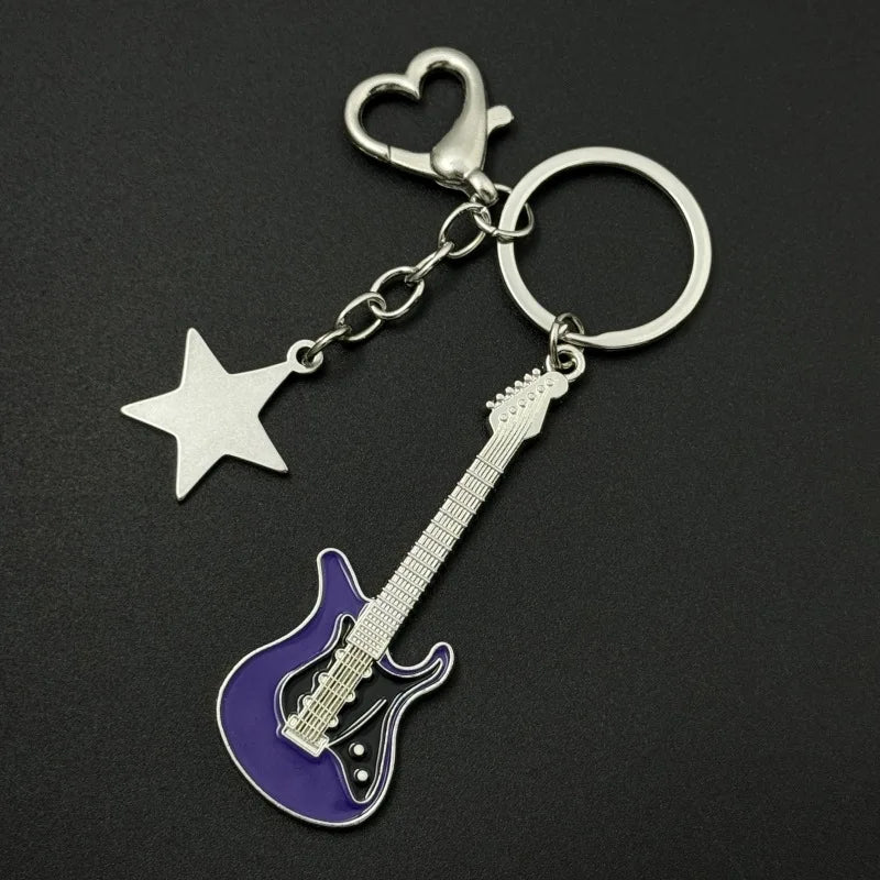 Guitar Love Heart Star Key Chain Trendy Fashion Pendant for Men and Women Rock Punk Vintage Accessories Gift