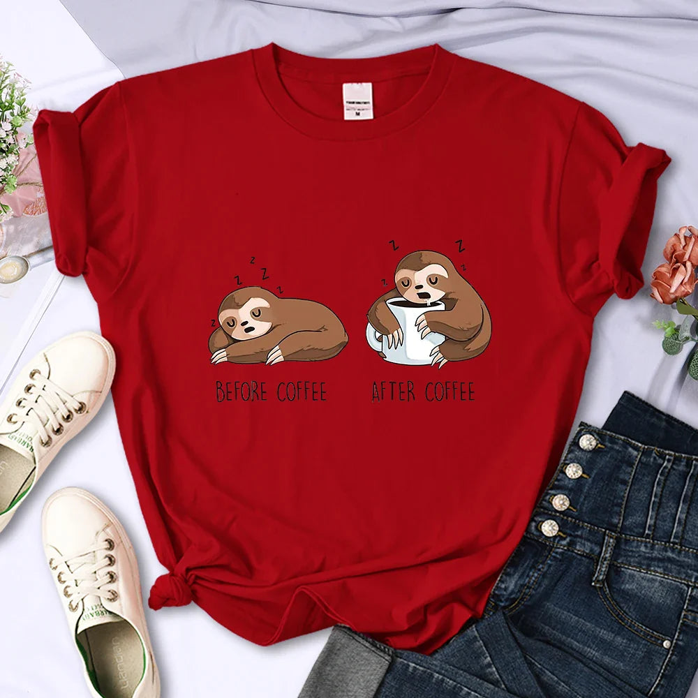 Before Coffee After Coffee Kawaii Sloth T Shirt for Women Casual Fashion Short Sleeve Breathable Tee