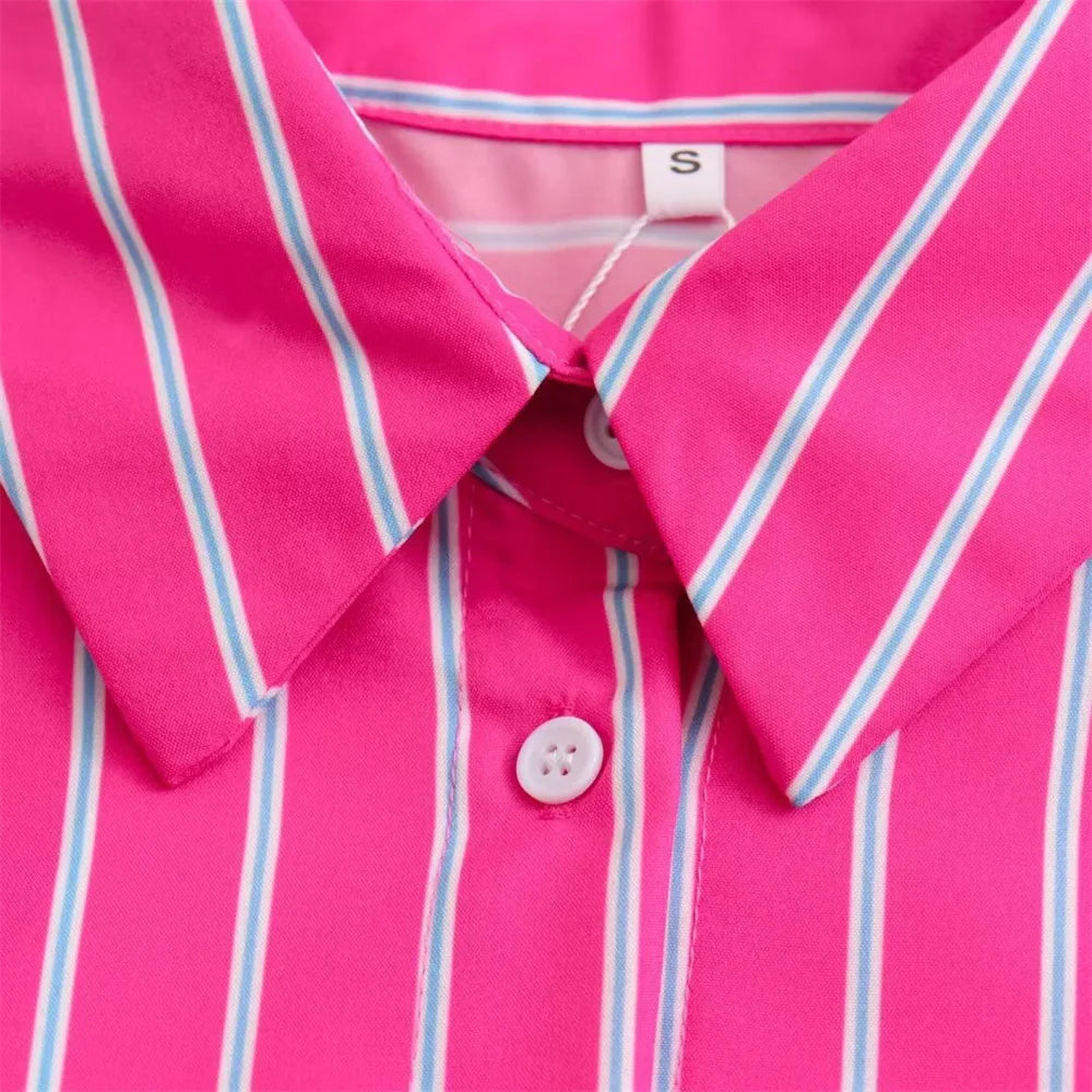 Women's Casual Loose Stripe Shirt with Versatile Patch Bag Decoration Stylish Simple Fashion Top for Everyday Wear