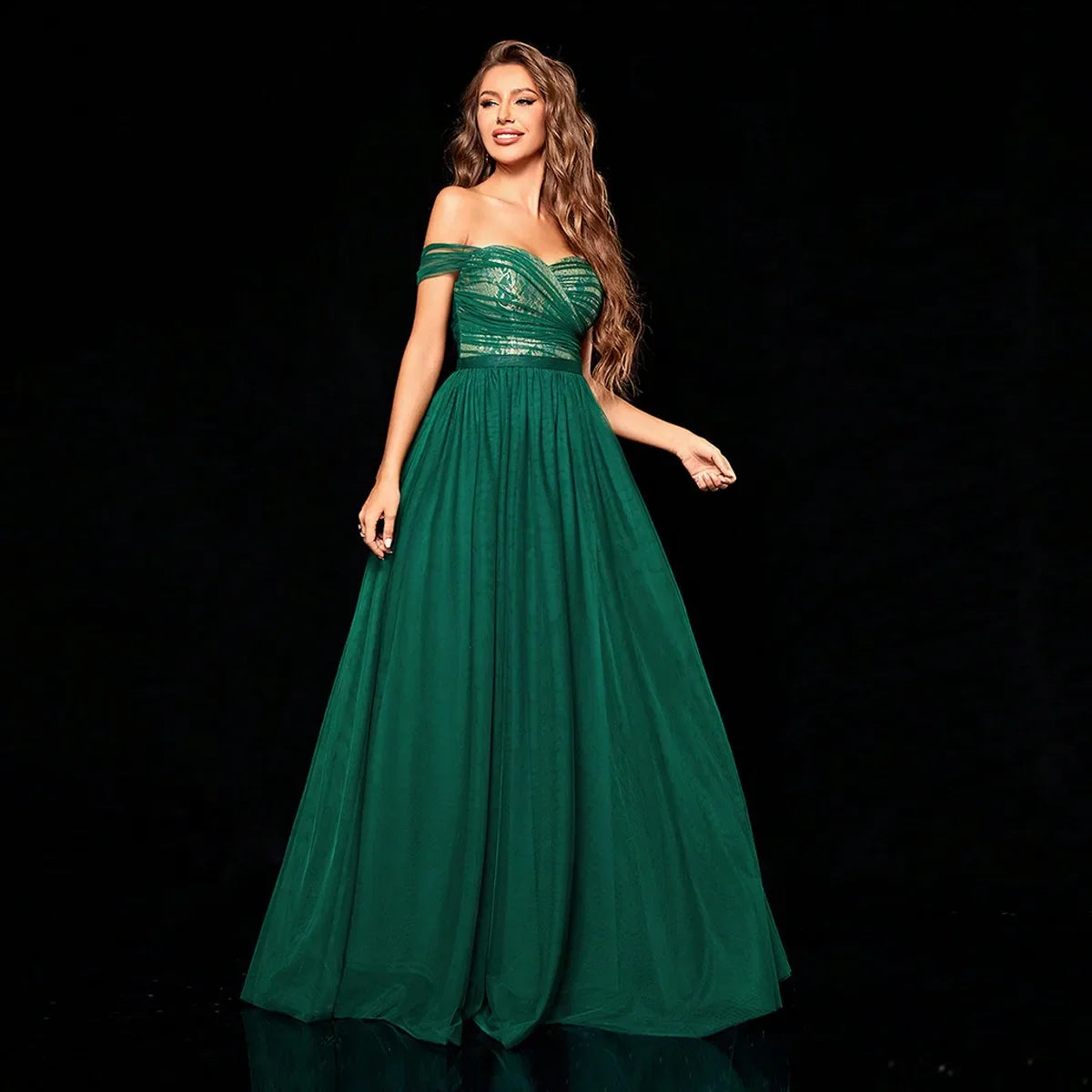 One Shoulder Mesh Maxi Dress With Gold Lace Accent