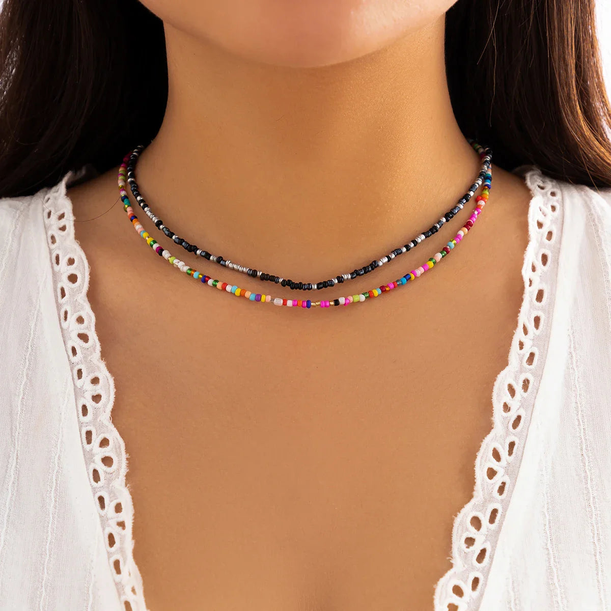 Bohemian Multicolored Acrylic Seed Beads Necklace Handmade Short Choker for Women Stylish Party Jewelry