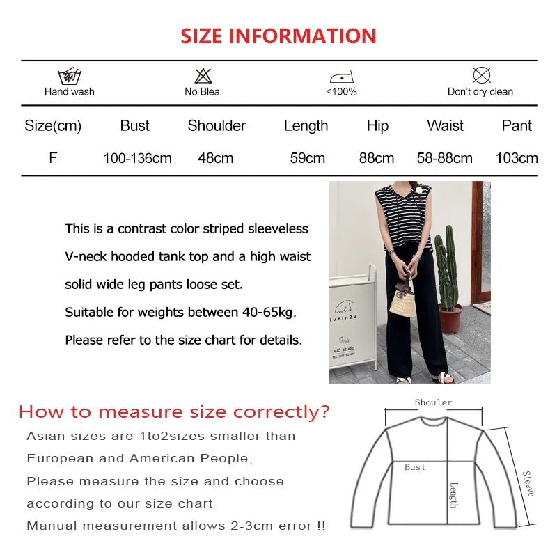Women Casual Summer V-Neck Striped Tank Top and High Waist Wide Leg Pants Set