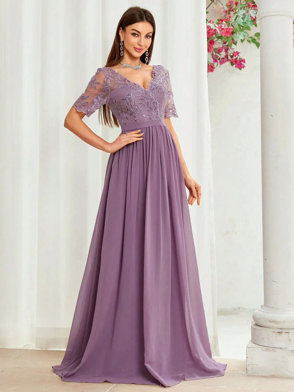 V Neck Embroidered Lace Chiffon Maxi Dress with Sleeves