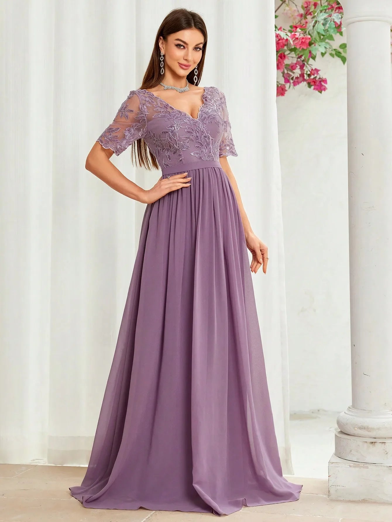 V Neck Embroidered Lace Chiffon Maxi Dress with Sleeves