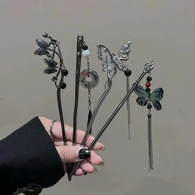 Chinese Style Vintage Butterfly Flower Hair Stick with Tassels for Women Hair Accessories