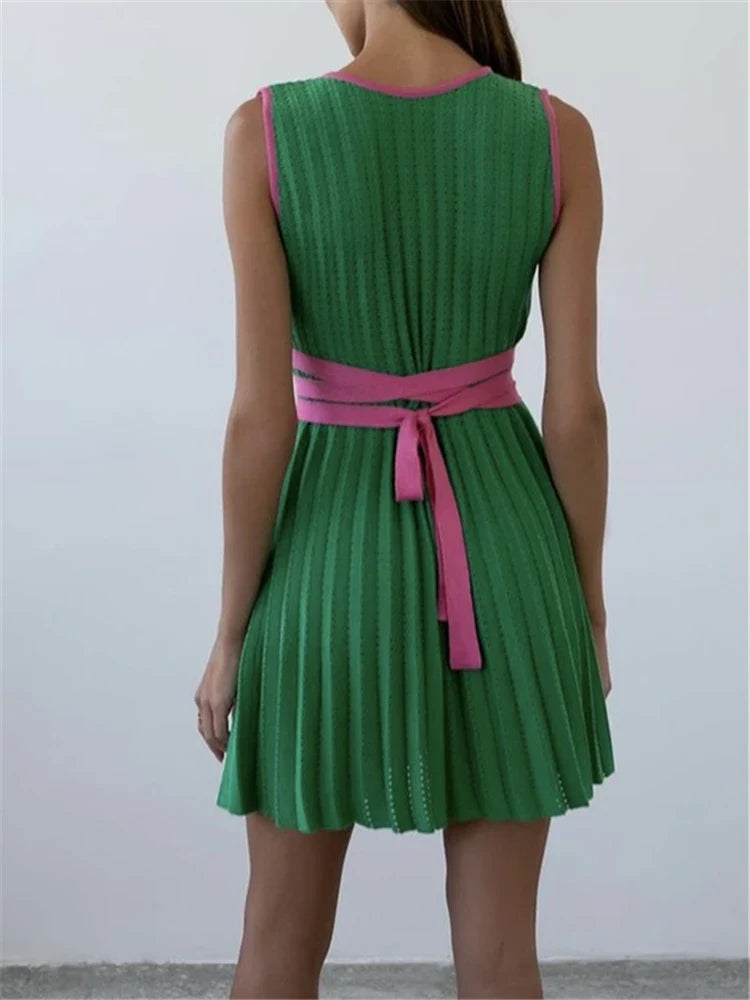 Summer V Neck Knit Dress For Women Sleeveless High Waist