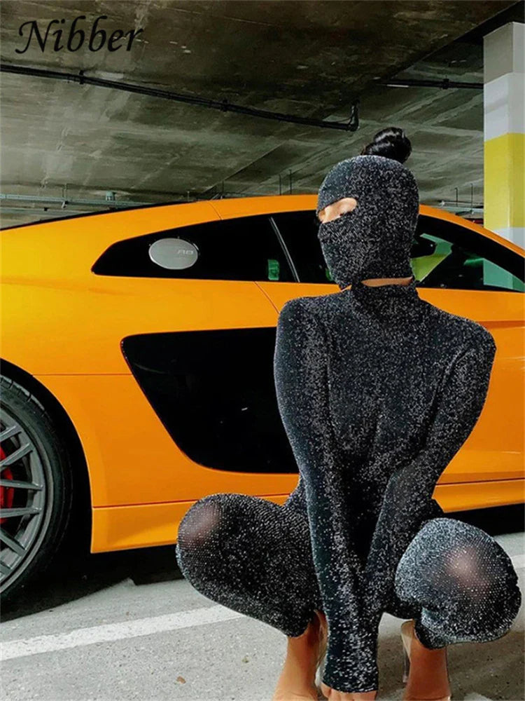 Nibber Glitter Silk Two Piece Playsuit Set for Women Sexy Backless Long Sleeve Jumpsuits Club Party Wear One Piece Outfit