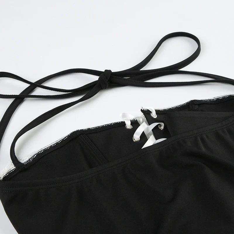 Slim Contrast Color Two-Piece Dress Set for Women Bandage Slash Neck Halter Top with Low-Waisted A-Line Skirt Elegant Sweet Casual Outfit