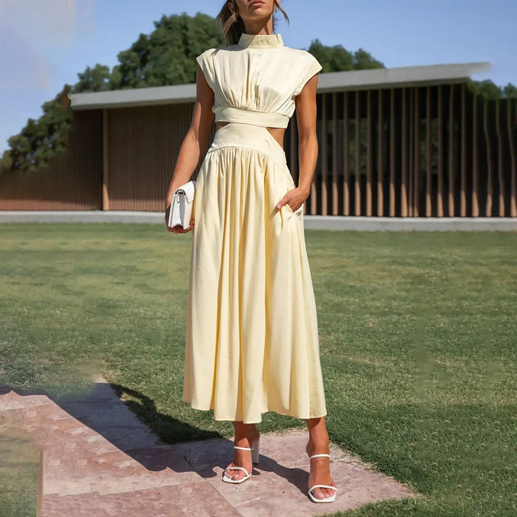 Solid Color High Waist Maxi Dress Sleeveless With Pockets