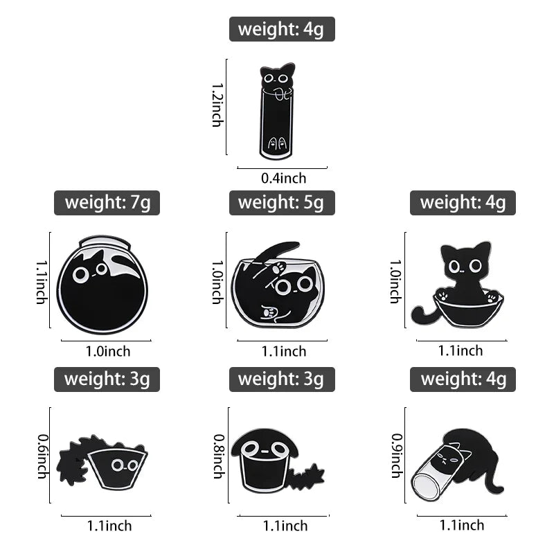 Cute Cat Enamel Pins Set of 4 to 6 Black Fluid Cat Brooches Lapel Badges Unique Animal Jewelry Gift