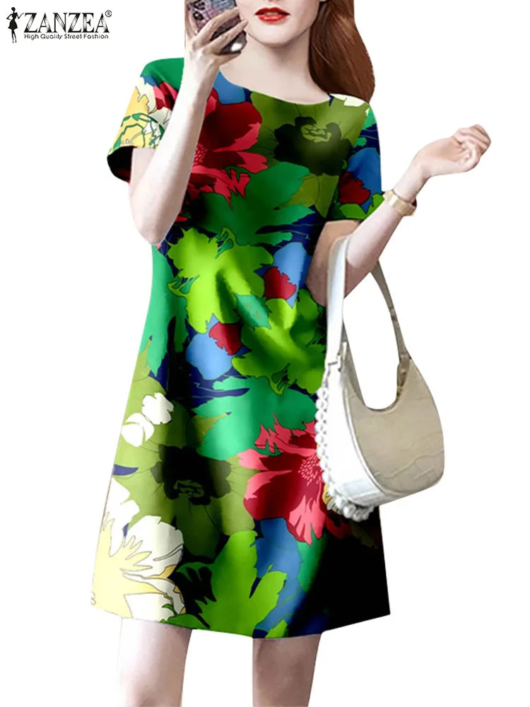 Floral Print Knee Length Summer Dress With Short Sleeve