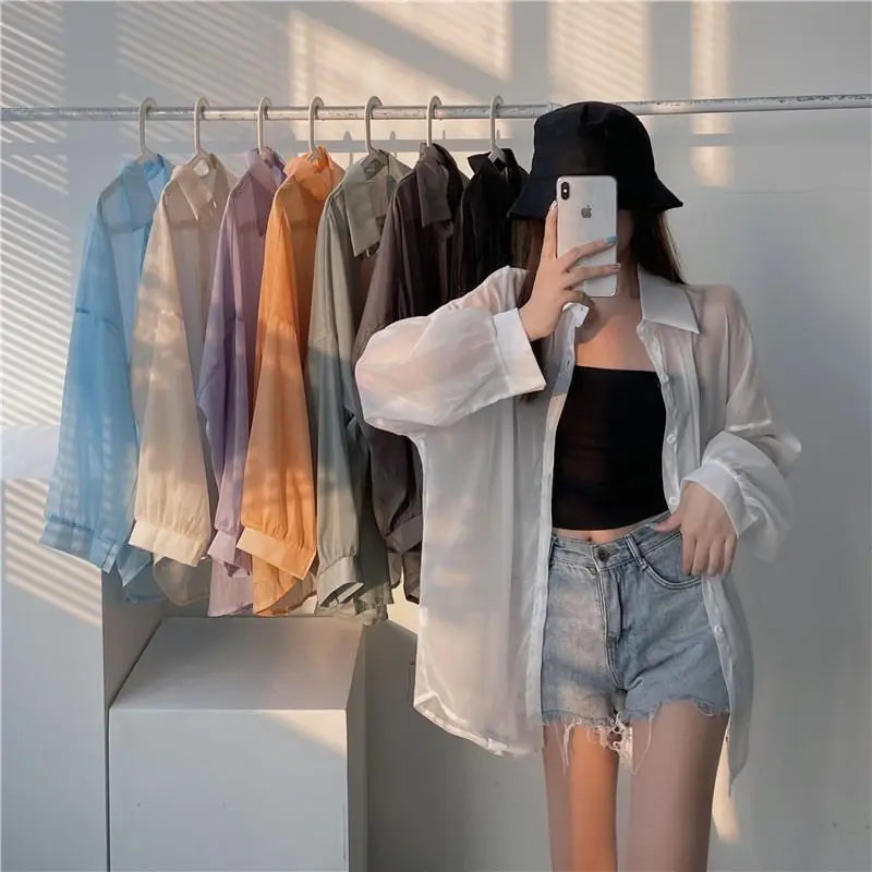 Women's Chiffon Long Sleeve Blouse Loose Fit Thin Cardigan Casual Solid Color Top