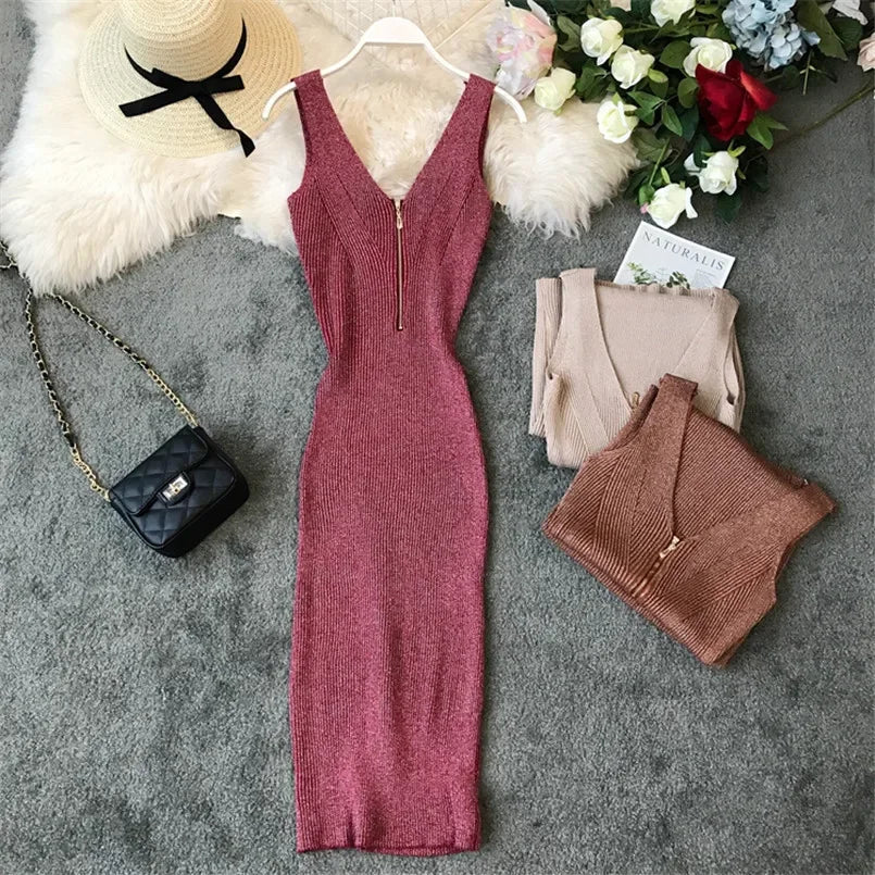 Sexy Zipper V Neck Knit Bodycon Midi Dress For Summer