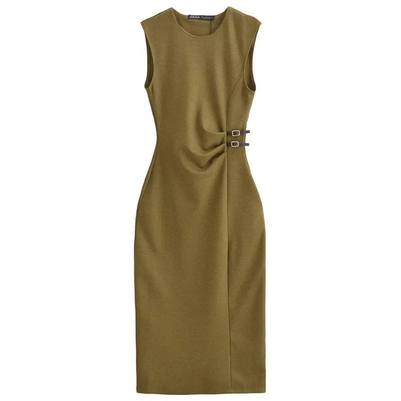 Green Ruffled Sleeveless Midi Dress For Summer Women