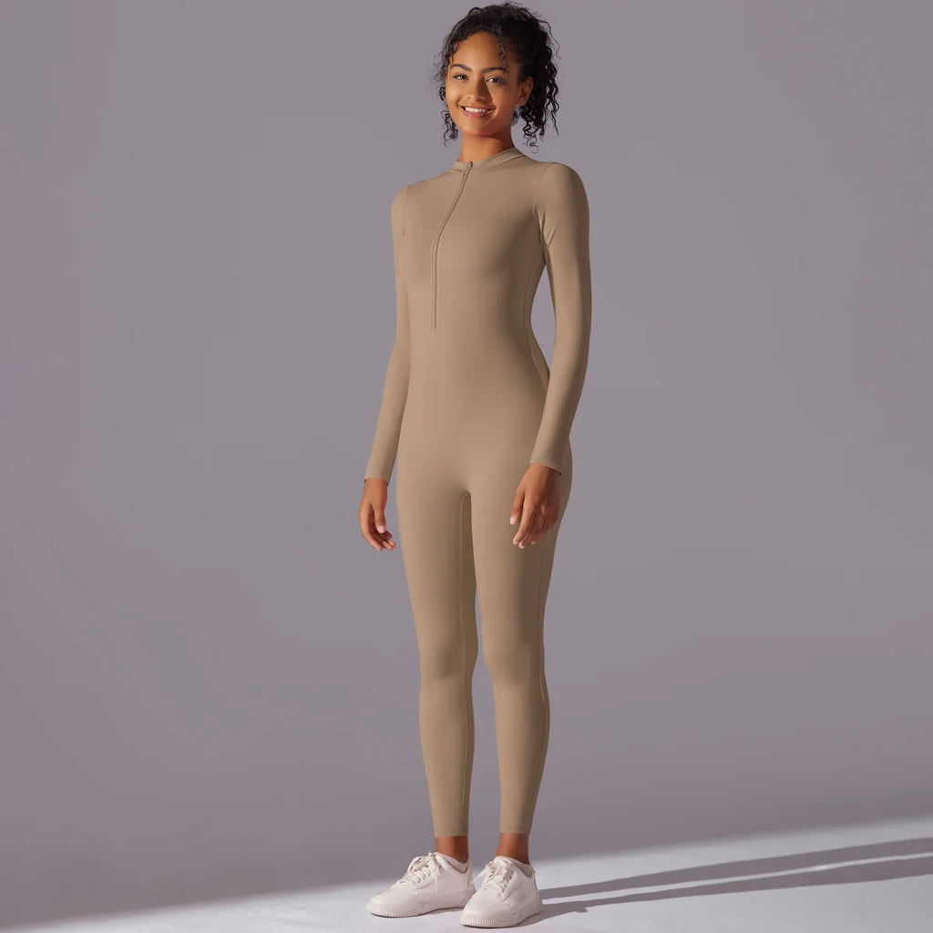 Women Nude Zipper Yoga Jumpsuit Long Sleeve One Piece Leotard High Intensity Workout Fitness Dance Gym Aerial Activewear