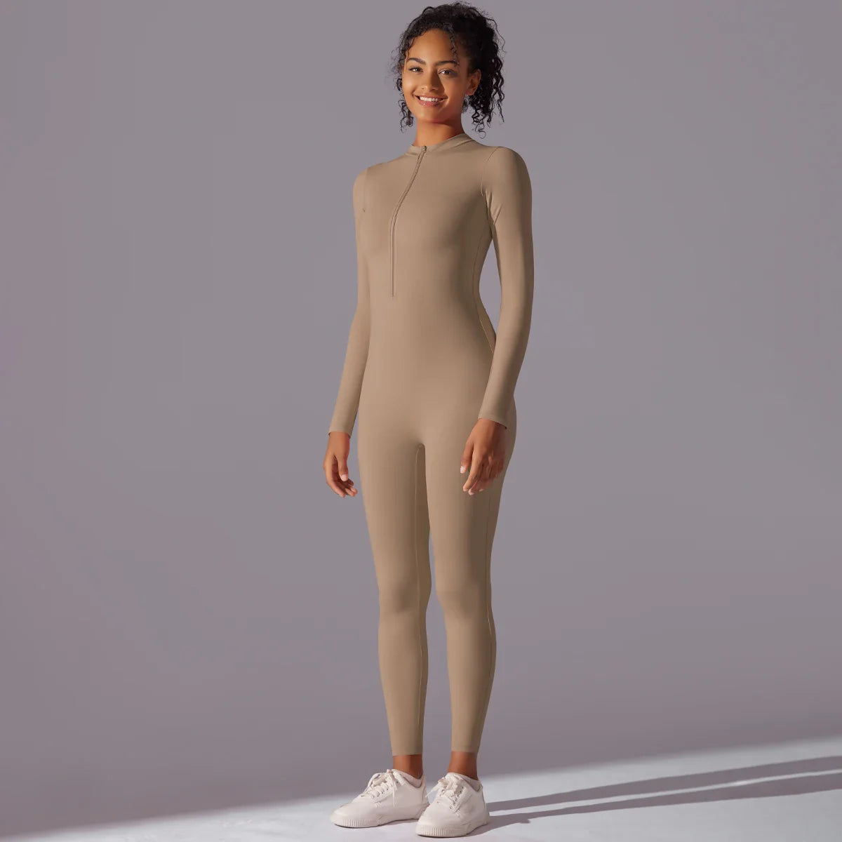Women Nude Zipper Yoga Jumpsuit Long Sleeve One Piece Leotard High Intensity Workout Fitness Dance Gym Aerial Activewear