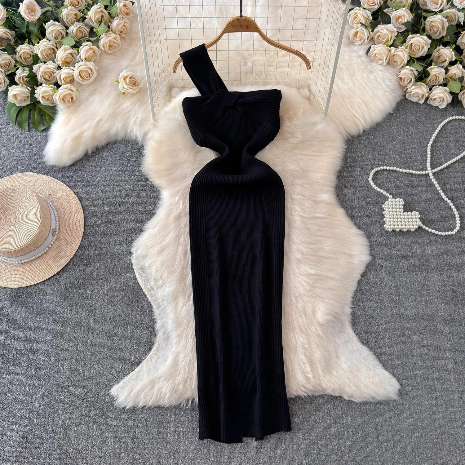 One Shoulder Bodycon Dress For Women Knitted Black Sundress