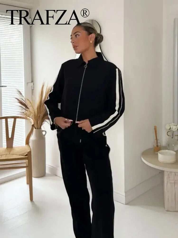 Women Casual Sports Suit with Side Stripe Long Sleeve Zipper Jacket and Wide Leg Pants