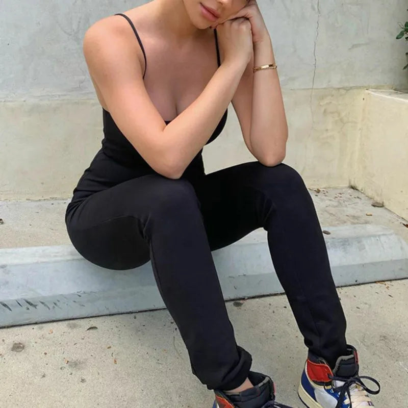 Women's Sleeveless Black Bodycon Jumpsuit Sexy Backless Slim Fit Casual Romper Streetwear Overall