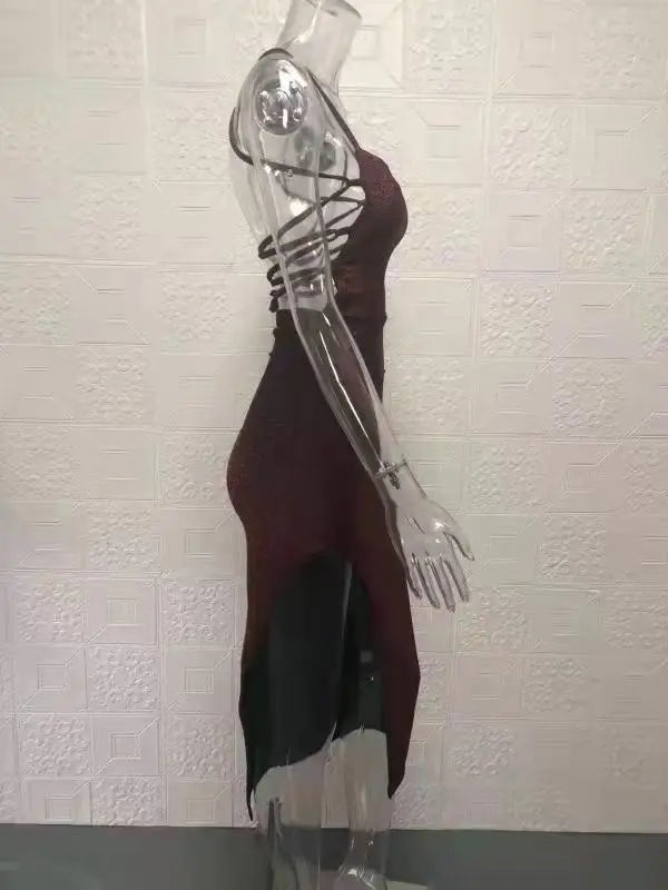 Backless Square Neck Wrap Dress With Slit In Solid Color