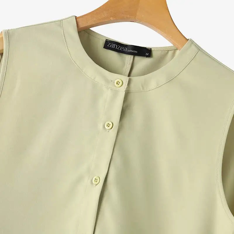 Pleated Button Mini Dress With Tank Sleeveless O Neck