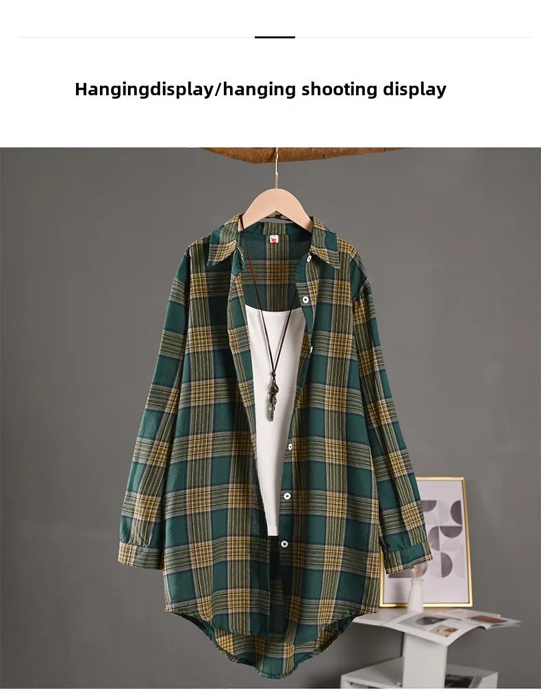 Women's Lightweight Cotton Linen Plaid Shirt Mid-Length Loose Jacket with Sun Protection for Spring and Summer Outerwear