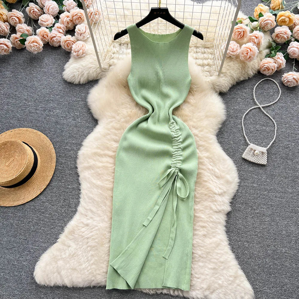 Summer Knitted Bodycon Dress Drawstring Split Black Women