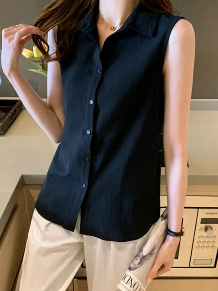 Sleeveless Turn-Down Collar Blouse for Women Elegant OL Style Workwear Shirt Lightweight Summer Top
