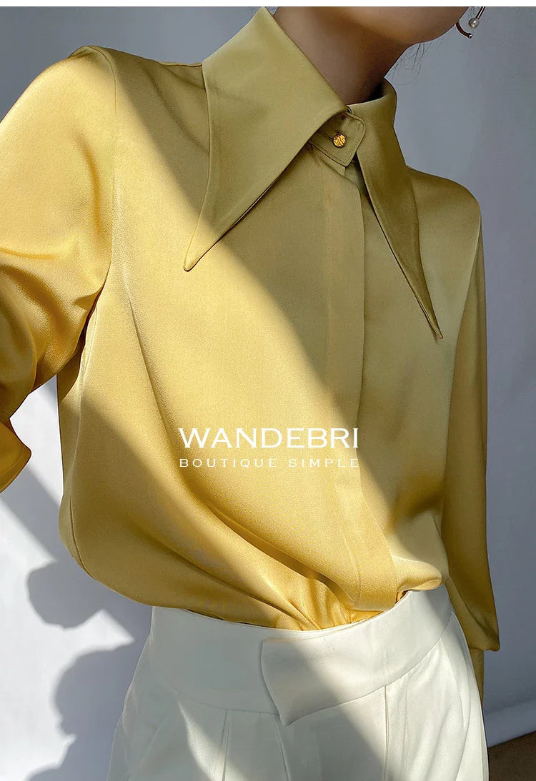 Elegant Turn Down Collar Satin Silk Blouse Vintage Button Closure White Lantern Sleeve Office Lady Shirt Chic Feminine Top