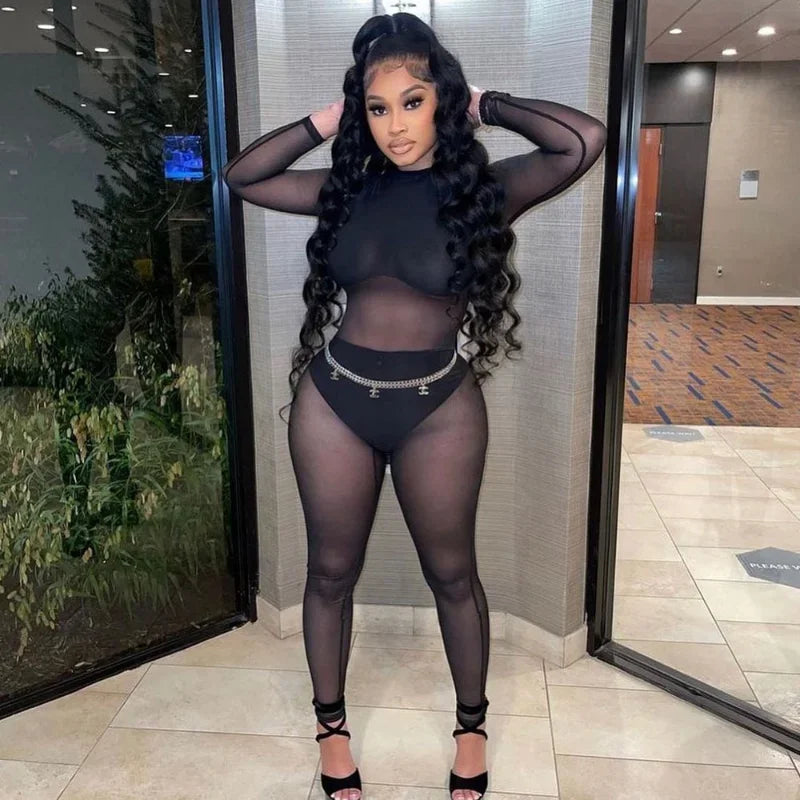 Sexy Black Transparent Mesh Jumpsuit Women Elastic See-Through Bodysuit One Piece Nightclub Outfit