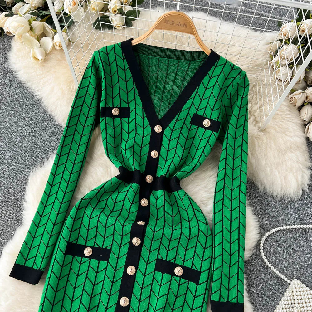 Autumn Plaid Knit Dress Women V Neck Elastic Waist Midi