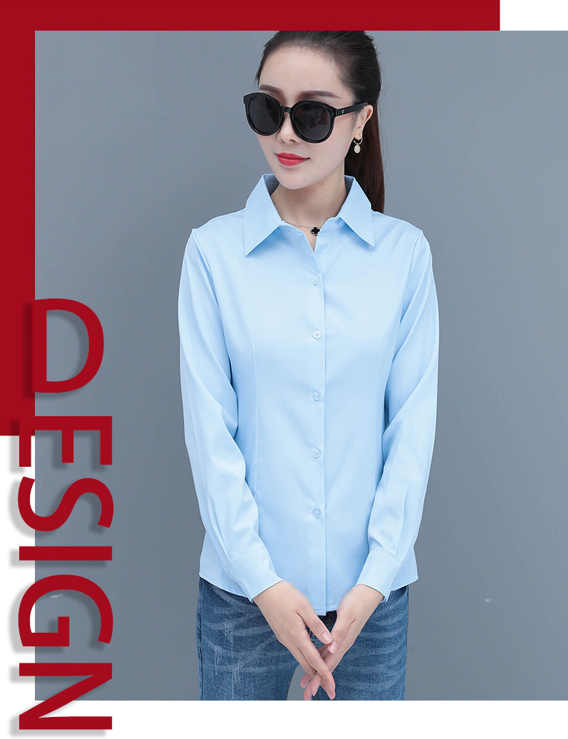 Elegant Slim Fit Blue Long Sleeve Blouse for Women Formal Office Shirt Basic Workwear Top