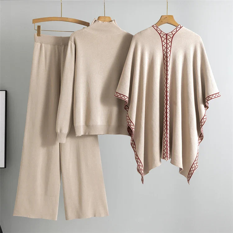 Cozy Knit Shawl Pants Set for Women with Elegant Turtleneck Sweater and Wide Leg Trousers