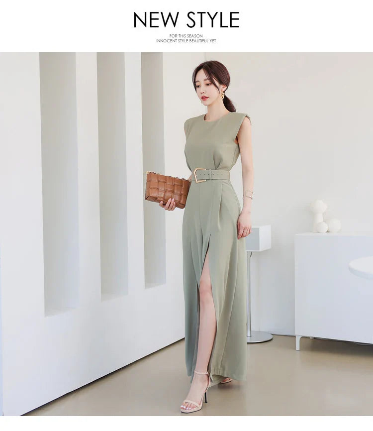 Elegant Women's Business Jumpsuit O-Neck Wide Leg Split Trousers Long Casual Workwear Romper