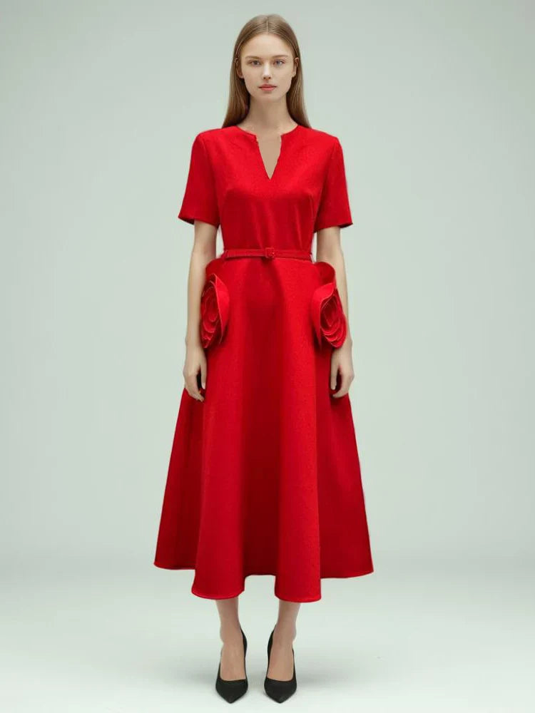 Hollow Out Patchwork Dress For Women V Neck Long Belted