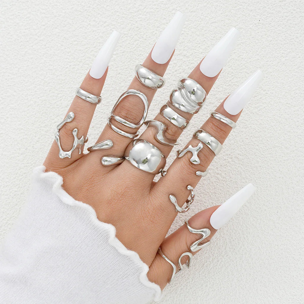 15Pcs Geometric Open Rings Set for Women Chunky Silver Hip Hop Jewelry