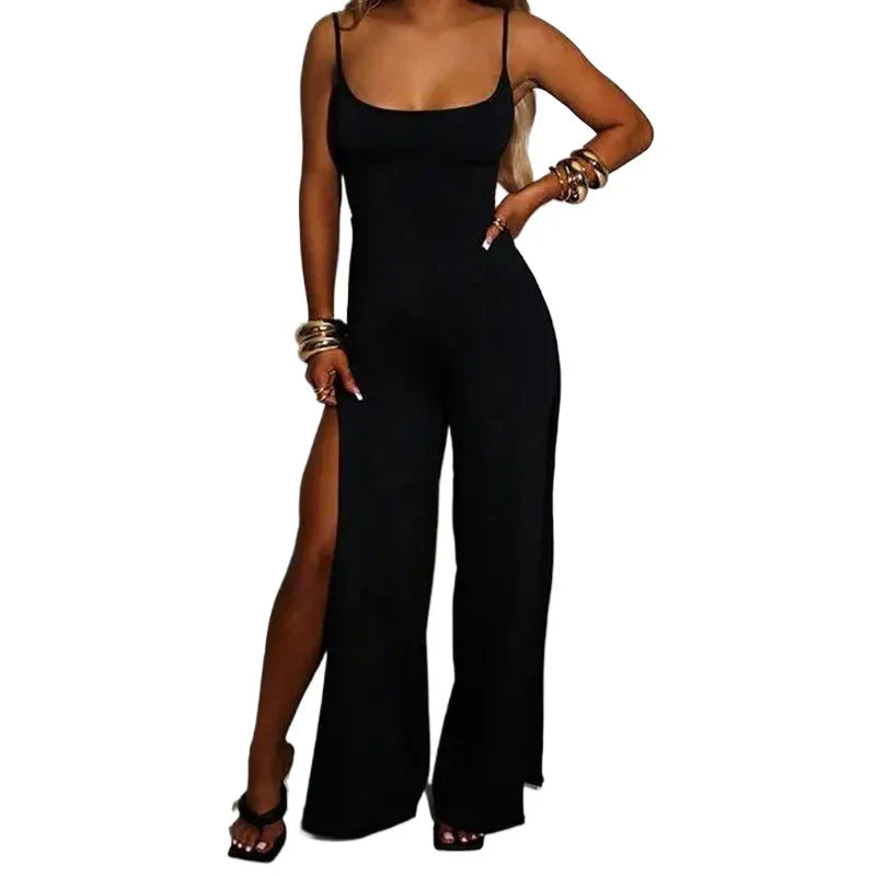 Sexy Backless Bandage Jumpsuit for Women Sleeveless Elegant Split Bodysuit Slim Fit Casual Solid Color Playsuit