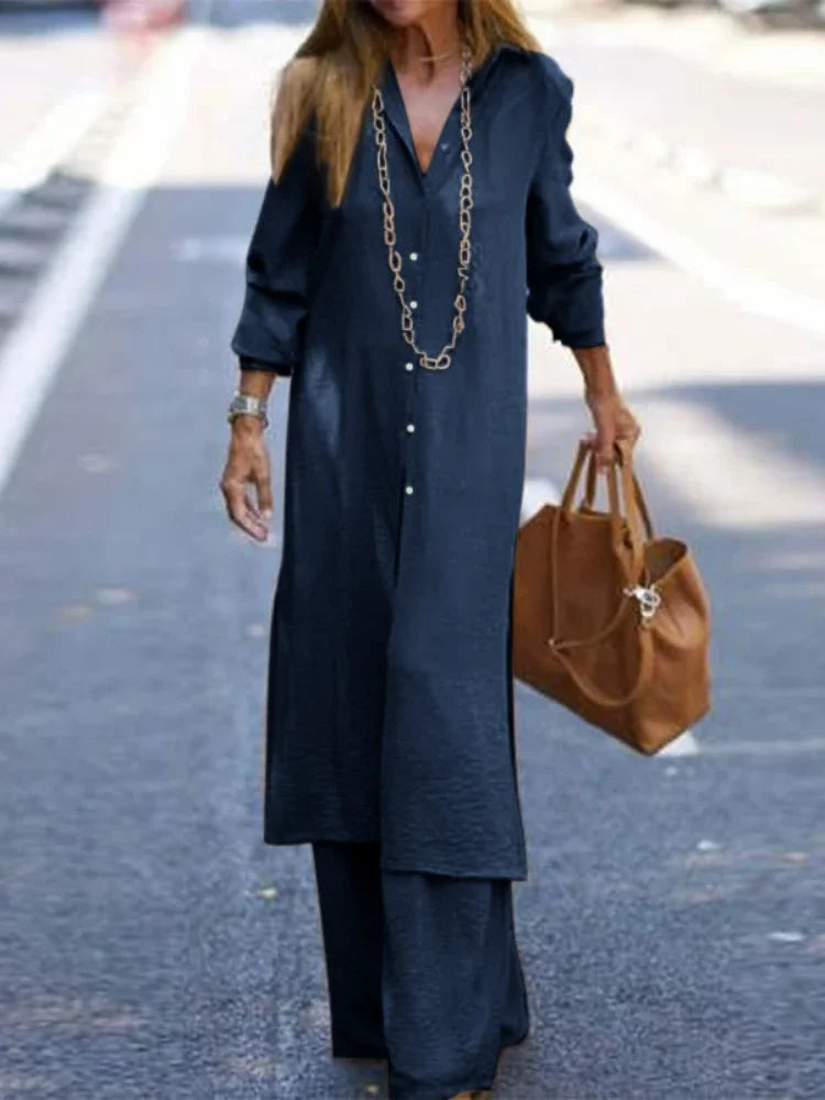 Elegant Women's Long Robe and Wide Leg Pants Two-Piece Set in Solid Color