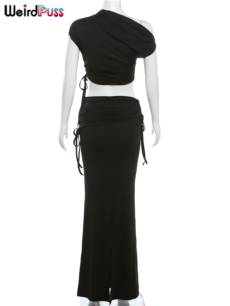 Weird Puss Skew Collar Elegant Women Two Piece Set Stretch Short Sleeve Crop Top and Bandage Maxi Skirt Matching Outfit