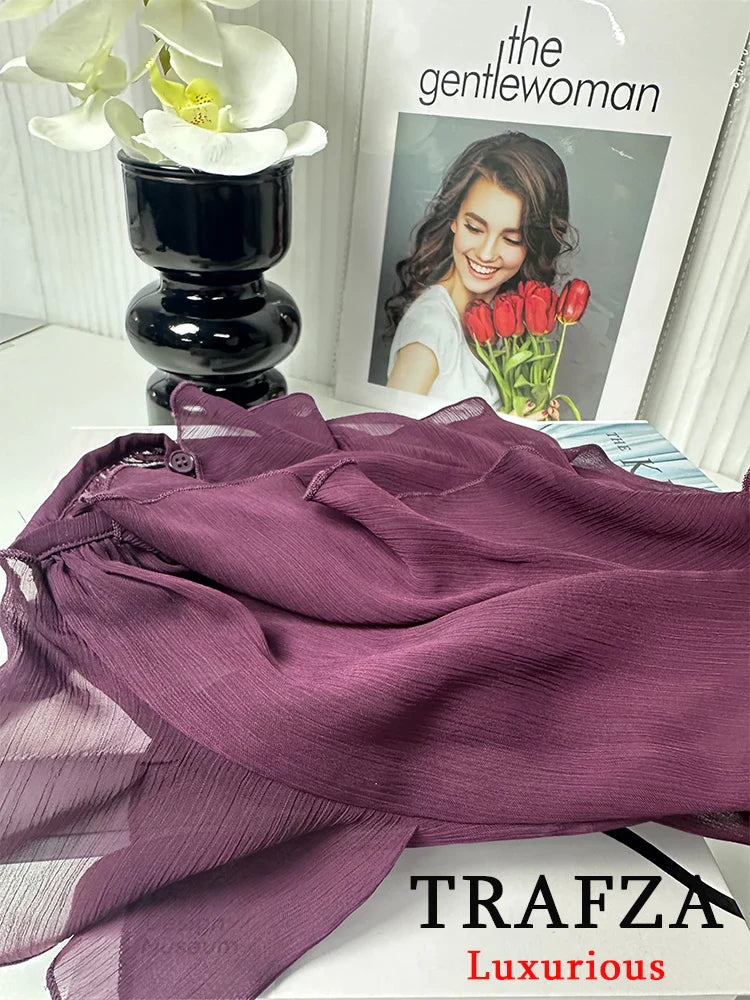 Burgundy Mesh Ruffle Blouse for Women Long Sleeve Sheer Loose Fit Elegant Party Top